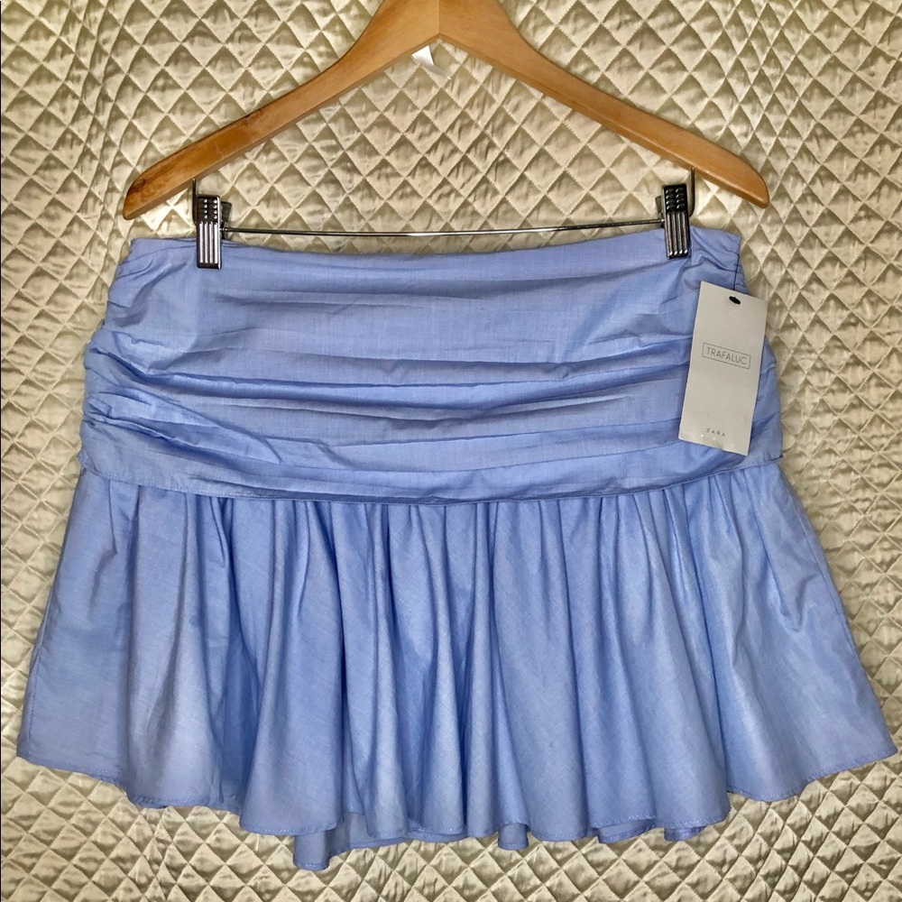 NWT Zara Light Blue Cotton Mini Ruffle Skirt Size Large w/ layered waist